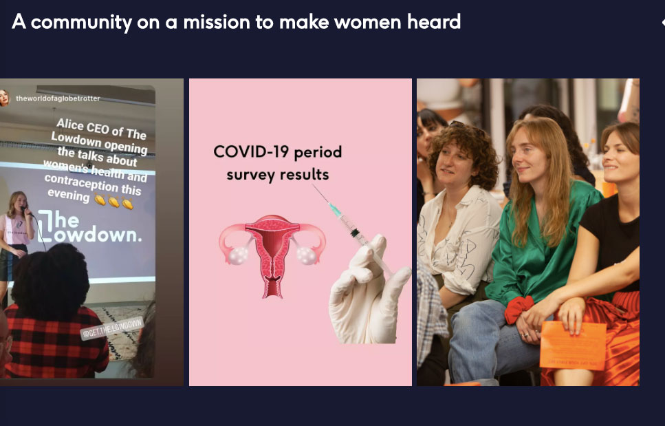 A screengrab from The Lowdown's website. The copy says: A community on a mission to make women heard.