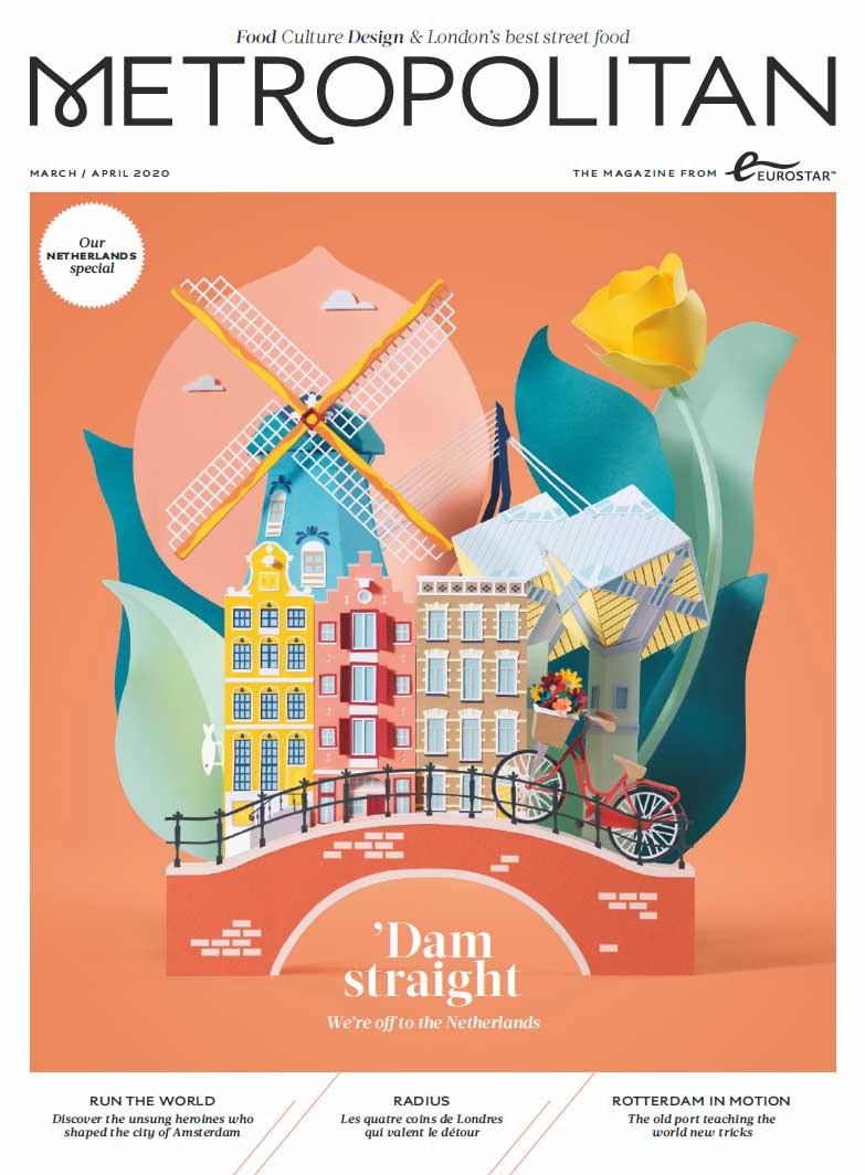 Eurostar's Metropolitan magazine cover. The illustration shows a Rotterdam cityscape accompanied by the headline 'Dam Straight'