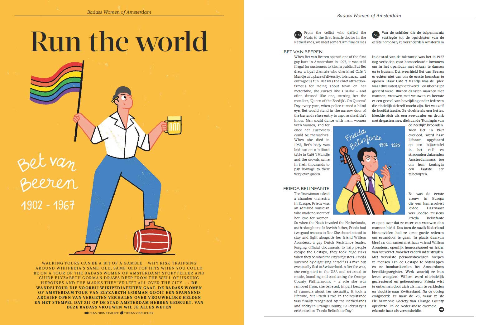 A spread from Eurostar's Metropolitan magazine. The article is titled 'Run the world' and shows an illustration of a person holding a Pride flag with their foot on a beer barrel.